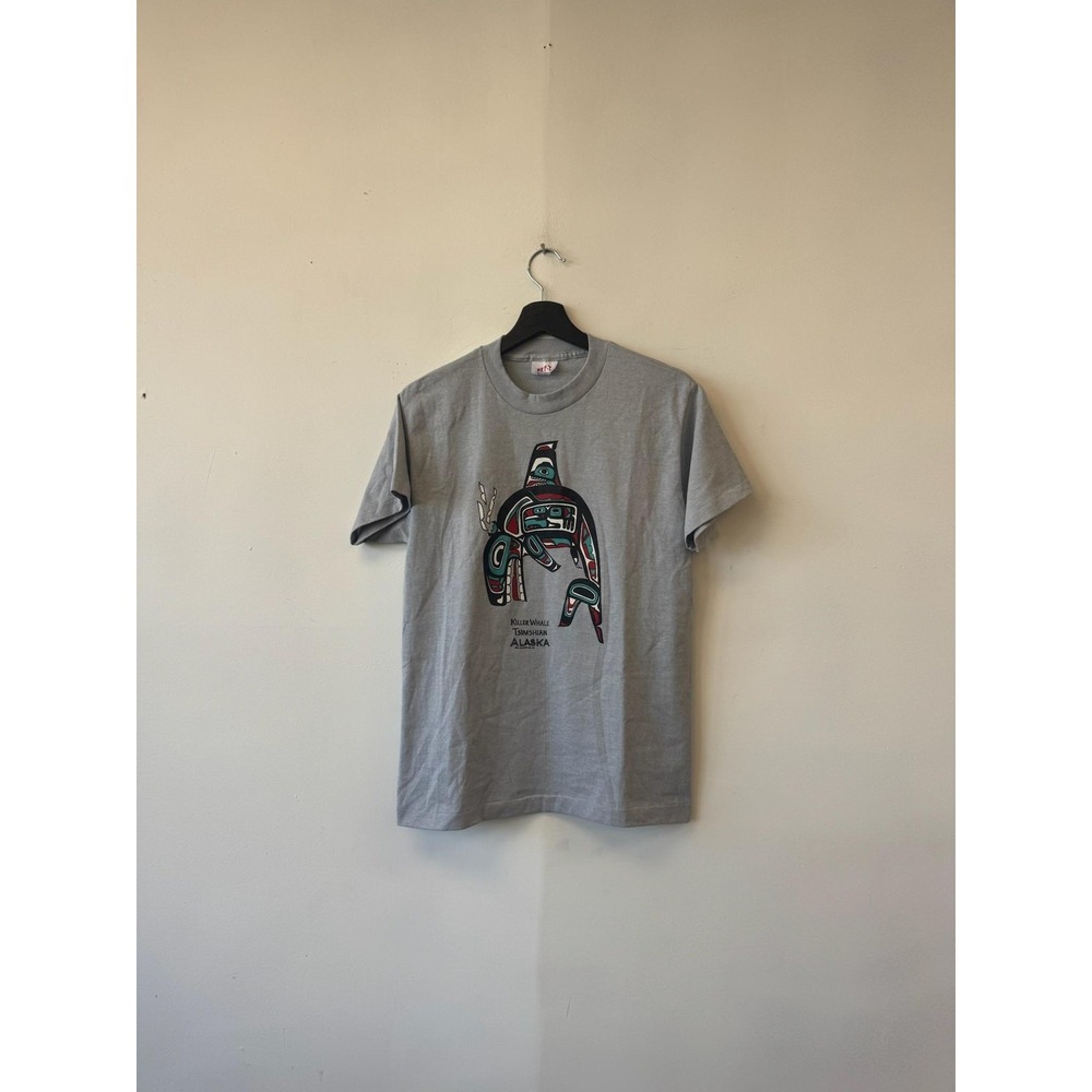 Vintage Killer Whale Alaska Shirt Mens Medium Gray TeeJays Native‎ Graphic 90s